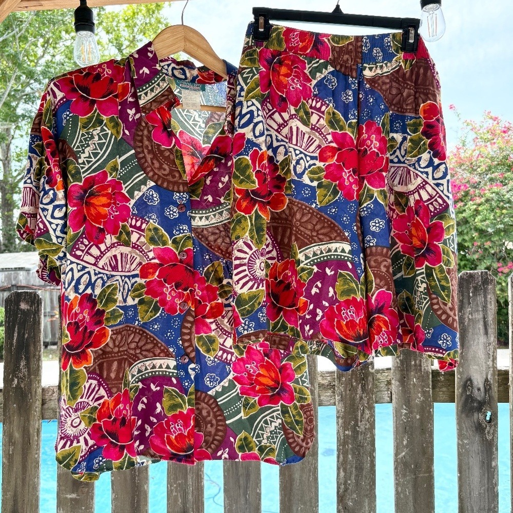 Coral Bay Shorts Set Tropical Floral Tribal Print Women 20W Multicolor‎